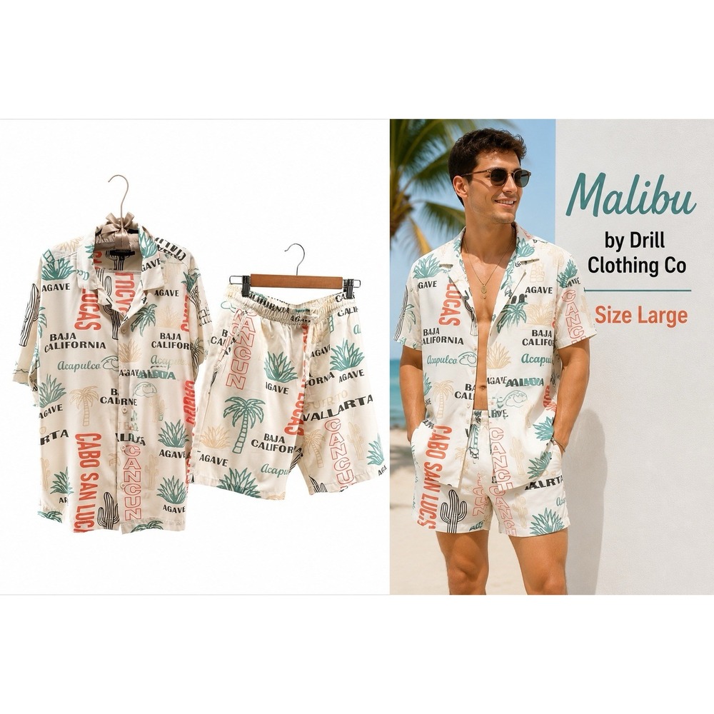 Malibu by Drill Clothing Co Mens Large Matching Shirt Shorts Set Tropical Resort